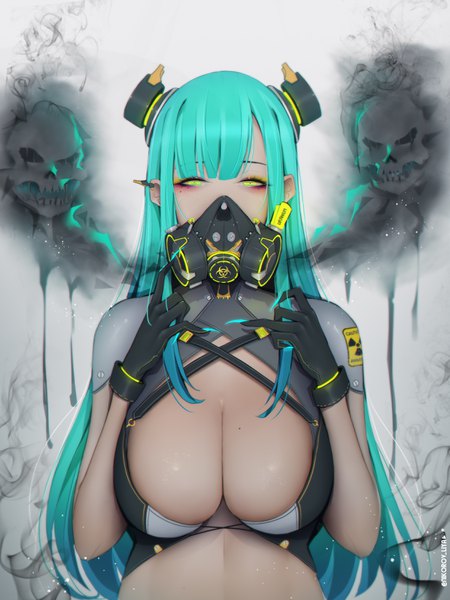 Anime picture 2473x3300 with original liya nikorov single long hair tall image looking at viewer fringe highres breasts light erotic green eyes signed payot cleavage upper body blunt bangs aqua hair mole sparkle mole under eye