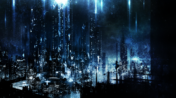 イラスト 2560x1440 と ボーカロイド イア (ボーカロイド) c.c.r ソロ highres wide image 立つ night night sky outstretched arm city cityscape city lights silhouette 女の子 建物 超高層ビル