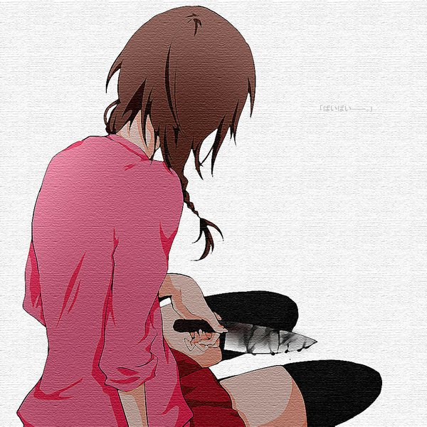 Anime picture 1000x1000 with yume nikki madotsuki single long hair simple background brown hair white background girl thighhighs skirt weapon black thighhighs knife