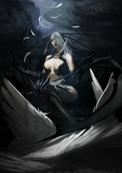 Anime picture 707x1000 with original ushi hachi long hair tall image fringe breasts open mouth light erotic red eyes sitting cloud (clouds) grey hair hair over one eye head wings white wings insect wings singing girl gloves wings