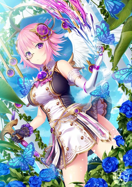 Anime picture 600x848 with original matatabi maru single tall image looking at viewer blush fringe short hair hair between eyes purple eyes bare shoulders holding pink hair sky cloud (clouds) dutch angle thighs double buttons girl gloves