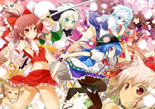 Anime picture 1240x876 with touhou hakurei reimu izayoi sakuya konpaku youmu hinanawi tenshi inubashiri momiji ibuki suika porurin long hair short hair blue eyes blonde hair red eyes purple eyes multiple girls blue hair white hair red hair maid group