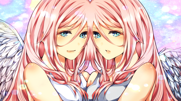 Anime picture 2560x1440 with vocaloid ia (vocaloid) pekotank long hair looking at viewer blush highres open mouth wide image bare shoulders multiple girls pink hair aqua eyes light smile dual persona girl 2 girls wings