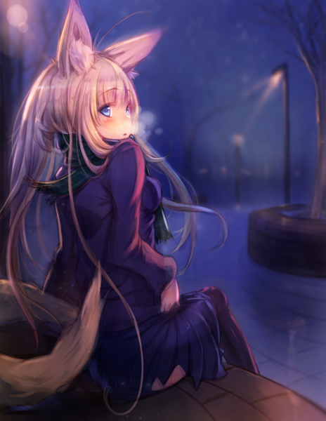 Anime picture 906x1171 with original mizunoto nozumi single long hair tall image looking at viewer blush fringe breasts open mouth blue eyes sitting animal ears pink hair outdoors tail animal tail blurry :o depth of field