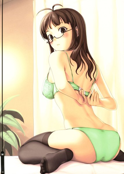 Anime picture 2142x3000 with idolmaster idolmaster (classic) akizuki ritsuko tanaka shoutarou single tall image looking at viewer blush fringe highres light erotic brown hair sitting brown eyes ass looking back from behind underwear only back adjusting clothes