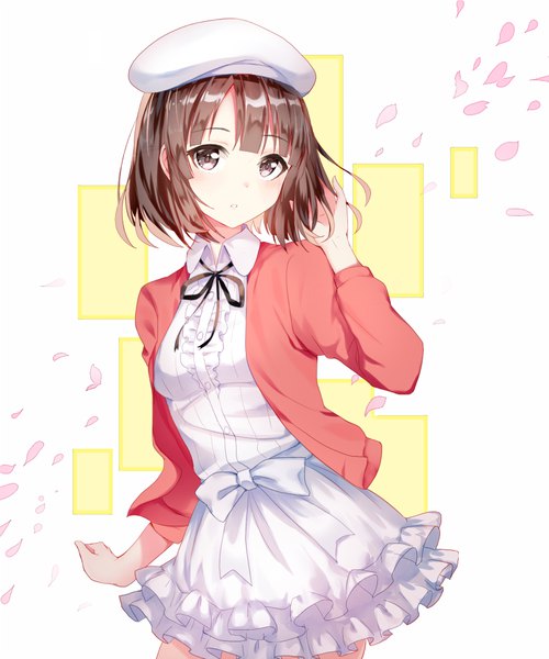 Anime picture 833x1000 with saenai heroine no sodatekata a-1 pictures katou megumi sada (sadahalu) single tall image fringe short hair brown hair white background brown eyes wind adjusting hair girl skirt bow petals beret skirt set cardigan