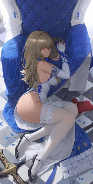 Anime picture 4000x7874 with azur lane saint-louis (azur lane) saint-louis (brilliant paladin) (azur lane) free style (yohan1754) single long hair tall image looking at viewer fringe highres breasts light erotic red eyes large breasts absurdres bent knee (knees) ass traditional clothes from above grey hair