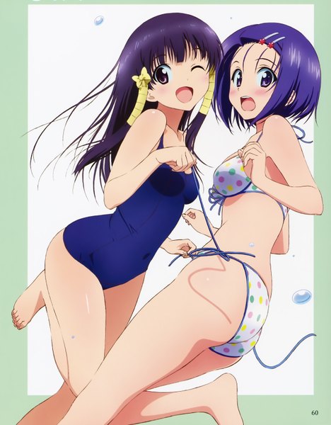 Anime picture 4855x6215 with toloveru xebec sairenji haruna murasame oshizu yabuki kentarou long hair tall image looking at viewer blush highres short hair open mouth light erotic purple eyes multiple girls blue hair absurdres purple hair one eye closed wink