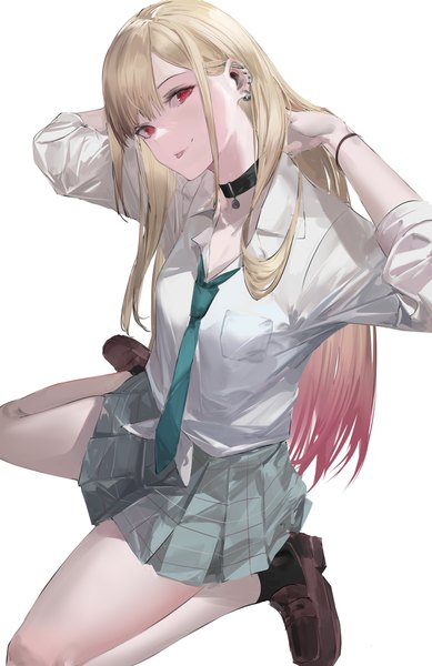 Anime picture 900x1389 with sono bisque doll wa koi wo suru cloverworks kitagawa marin blazpu single long hair tall image looking at viewer fringe simple background blonde hair red eyes white background sitting payot long sleeves head tilt pleated skirt multicolored hair arms up