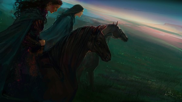 Anime picture 1280x723 with original anndr (artist) long hair black hair wide image signed horizon curly hair field riding girl dress boy plant (plants) animal cloak grass horse