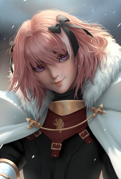 Anime picture 2775x4096 with fate (series) fate/grand order fate/apocrypha astolfo (fate) chubymi single tall image looking at viewer fringe highres short hair smile hair between eyes purple eyes pink hair upper body head tilt multicolored hair lips realistic