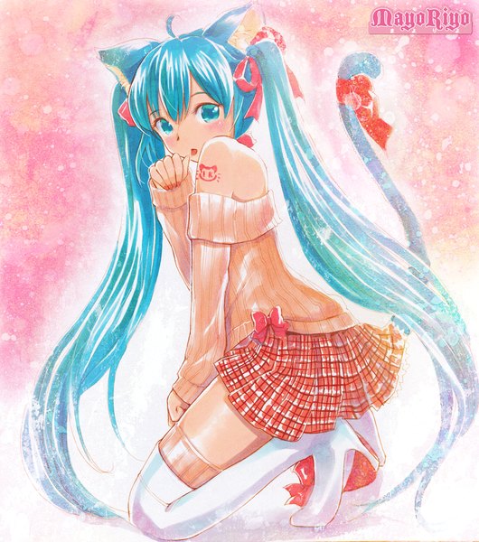 Anime picture 1000x1133 with vocaloid hatsune miku mayoriyo single long hair tall image blush fringe blue eyes twintails bare shoulders animal ears blue hair bent knee (knees) tail animal tail pleated skirt cat ears cat girl cat tail