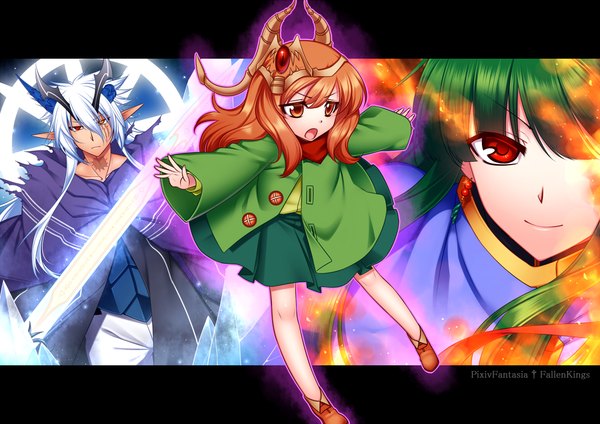 Anime picture 1062x752 with original pixiv fantasia konshin long hair looking at viewer smile red eyes multiple girls white hair horn (horns) green hair pointy ears orange hair orange eyes girl boy 2 girls earrings