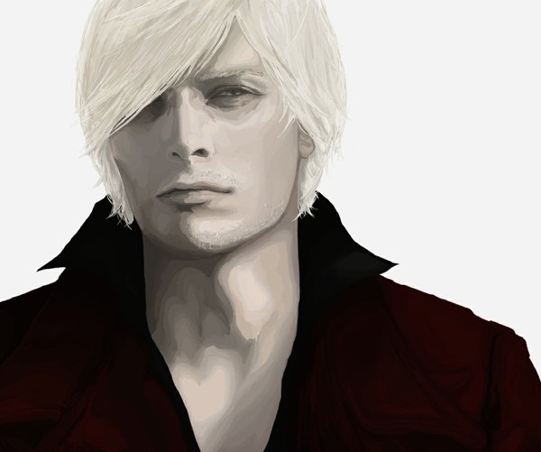 Anime picture 1100x920 with devil may cry dante (devil may cry) zxc0000 single looking at viewer fringe short hair blue eyes simple background white background silver hair upper body hair over one eye boy shirt