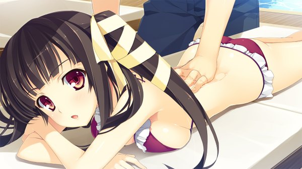 Anime picture 1280x720 with koikishi purely kiss shidou mana yuuki hagure long hair light erotic black hair red eyes wide image twintails game cg lying on stomach bare back girl ribbon (ribbons) swimsuit hair ribbon bikini frilled bikini red bikini