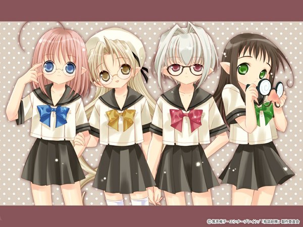 Anime picture 1024x768 with bottle fairy hororo kururu sarara chiriri tokumi yuiko glasses