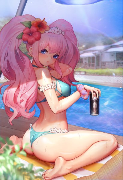 Anime picture 1000x1461 with original y.i. (lave2217) single long hair tall image looking at viewer blush fringe breasts blue eyes light erotic hair between eyes sitting twintails holding payot pink hair sky full body bent knee (knees)