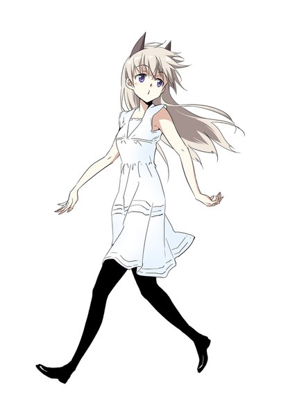 Anime picture 1181x1748 with strike witches eila ilmatar juutilainen agahari single long hair tall image fringe simple background white background purple eyes animal ears looking away full body wind grey hair fox ears walking girl dress pantyhose