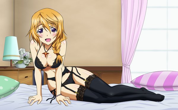 Anime picture 4320x2664 with infinite stratos 8bit charles dunois long hair blush highres open mouth light erotic blonde hair wide image purple eyes absurdres underwear only girl thighhighs underwear panties black thighhighs bed curtains