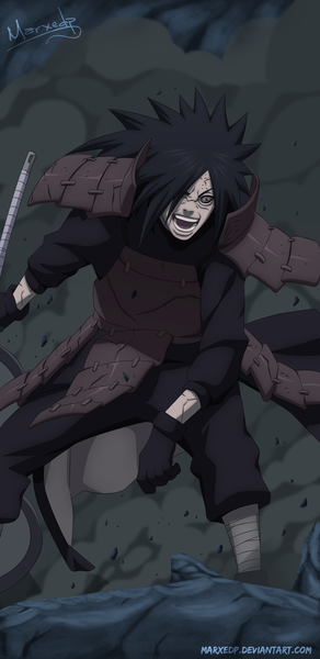 Anime picture 1335x2736 with naruto studio pierrot naruto (series) uchiha madara marxedp single long hair tall image fringe open mouth black hair hair over one eye grey eyes coloring smoke angry rinnegan boy gloves weapon