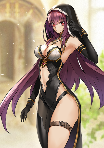 Anime-Bild 800x1132 mit fate (series) fate/grand order scathach (fate) (all) scathach (fate) ero waifu single long hair tall image looking at viewer blush fringe breasts light erotic smile hair between eyes red eyes large breasts standing cleavage purple hair
