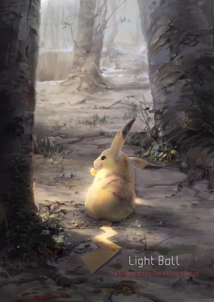 Anime-Bild 849x1200 mit pokemon nintendo pikachu a-shacho single tall image outdoors from behind no people fog gen 1 pokemon plant (plants) tree (trees) forest roots