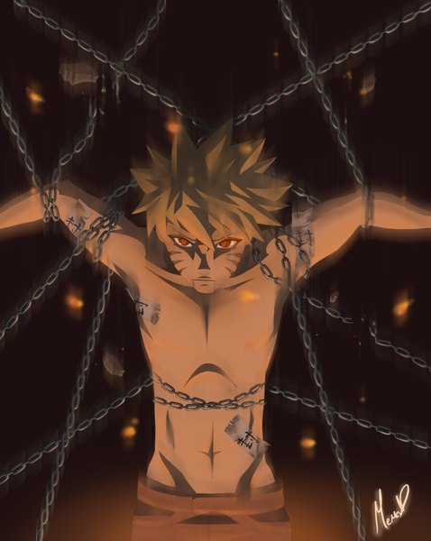Anime picture 2826x3547 with naruto studio pierrot naruto (series) uzumaki naruto xxmemoriezxx single tall image highres simple background blonde hair red eyes signed facial mark topless whisker markings jinchuriki brown background face paint boy chain