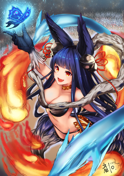 Anime picture 1000x1412 with granblue fantasy yuel (granblue fantasy) ato (haru ato) single long hair tall image fringe breasts light erotic smile red eyes animal ears blue hair fang (fangs) fox ears fox girl girl navel underwear panties