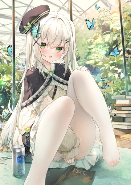 Anime picture 2150x3035 with original chen bin single long hair tall image looking at viewer blush fringe highres open mouth light erotic hair between eyes sitting green eyes payot ahoge bent knee (knees) white hair indoors long sleeves