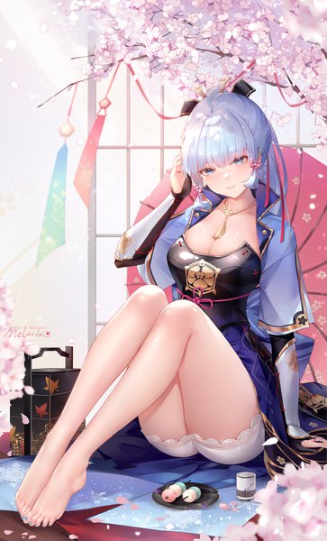 Anime picture 3000x4963 with genshin impact kamisato ayaka melailai single long hair tall image looking at viewer blush fringe highres breasts blue eyes light erotic large breasts sitting signed blue hair cleavage full body bent knee (knees)