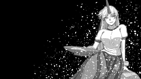 Anime-Bild 1920x1080 mit touhou hoshiguma yuugi sunatoshi single long hair looking at viewer highres short hair breasts simple background wide image parted lips horn (horns) light smile sparkle wallpaper black background monochrome outline girl