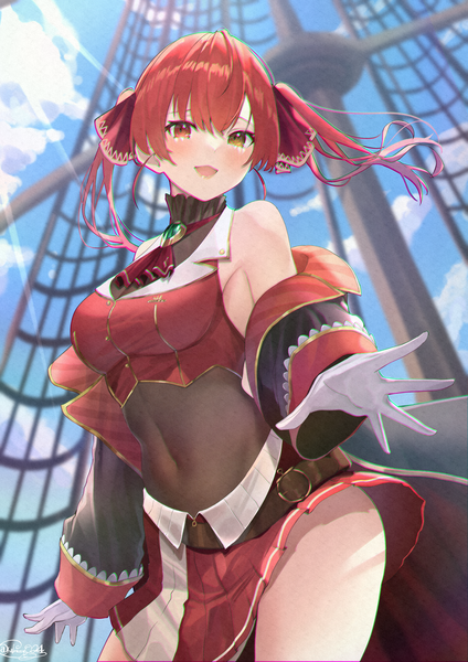Anime picture 2481x3508 with virtual youtuber hololive houshou marine houshou marine (1st costume) shiina aoi single long hair tall image highres open mouth light erotic twintails sky cloud (clouds) red hair :d pleated skirt sunlight from below midriff