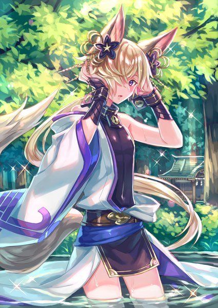 Anime picture 1500x2118 with granblue fantasy kou (granblue fantasy) zoff (daria) single tall image looking at viewer blush fringe open mouth blonde hair standing purple eyes animal ears outdoors tail very long hair traditional clothes japanese clothes animal tail sunlight
