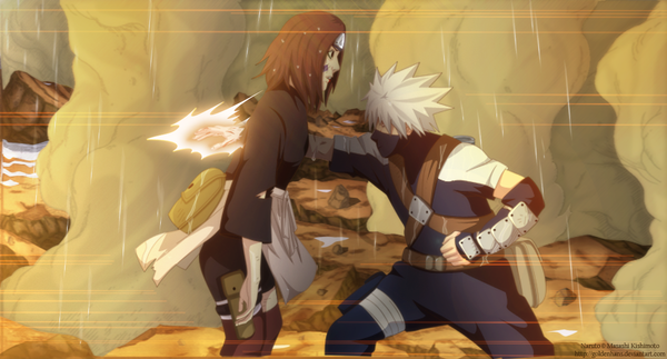 Anime picture 1157x623 with naruto studio pierrot naruto (series) hatake kakashi nohara rin goldenhans short hair brown hair wide image eyes closed japanese clothes profile grey hair black eyes torn clothes magic smoke rain girl boy