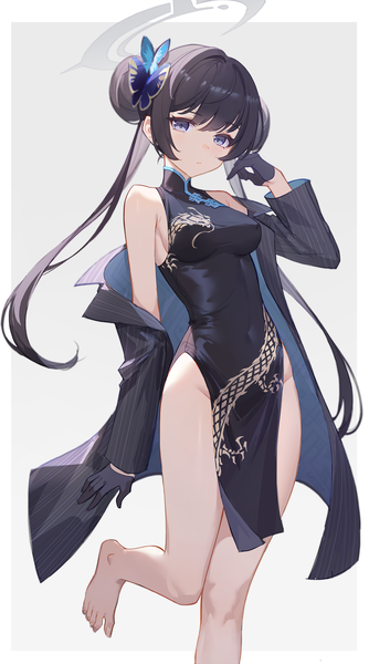 Anime picture 2000x3589 with blue archive kisaki (blue archive) lance (lancelliu) single long hair tall image highres light erotic black hair standing purple eyes twintails traditional clothes barefoot open clothes bare legs hair bun (hair buns) covered navel border standing on one leg