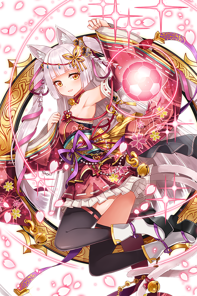 Anime picture 1176x1764 with soccer spirits chitose (soccer spirits) serin199 single long hair tall image looking at viewer fringe open mouth smile animal ears yellow eyes silver hair full body bent knee (knees) tail blunt bangs traditional clothes parted lips :d