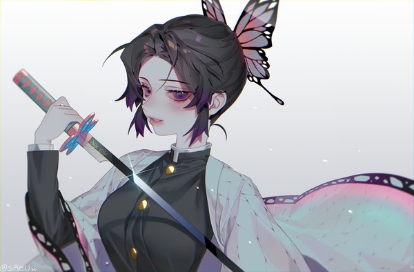 Anime picture 3590x2360 with kimetsu no yaiba ufotable kochou shinobu botte single looking at viewer blush highres short hair breasts black hair simple background large breasts purple eyes holding payot absurdres upper body traditional clothes parted lips
