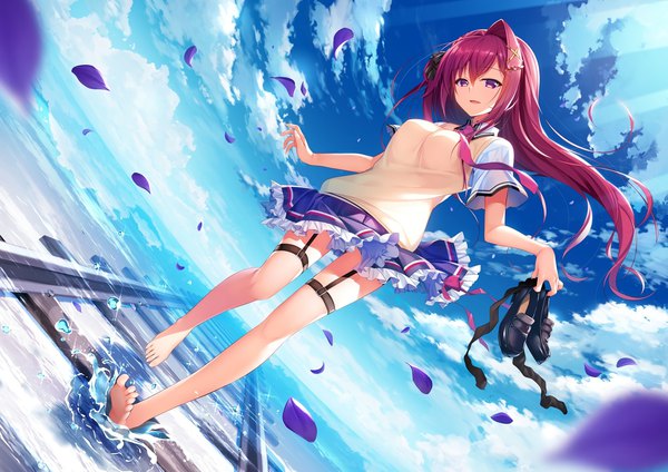 Anime picture 2000x1414 with loca love - densha x doukyuusei aritagawa nio nanaka mai single long hair looking at viewer fringe highres open mouth hair between eyes standing purple eyes sky cloud (clouds) full body outdoors red hair barefoot wind sunlight