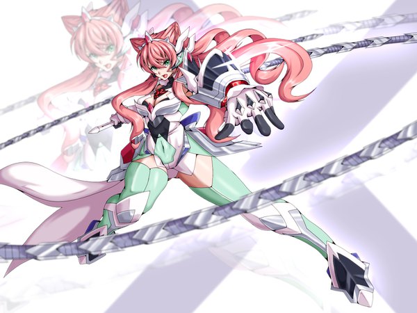 Anime picture 1600x1200 with senki zesshou symphogear satelight maria cadenzavuna eve aoi yuu (komeda yuu) single long hair looking at viewer fringe breasts open mouth light erotic hair between eyes green eyes pink hair cleavage full body floating hair outstretched arm covered navel zoom layer