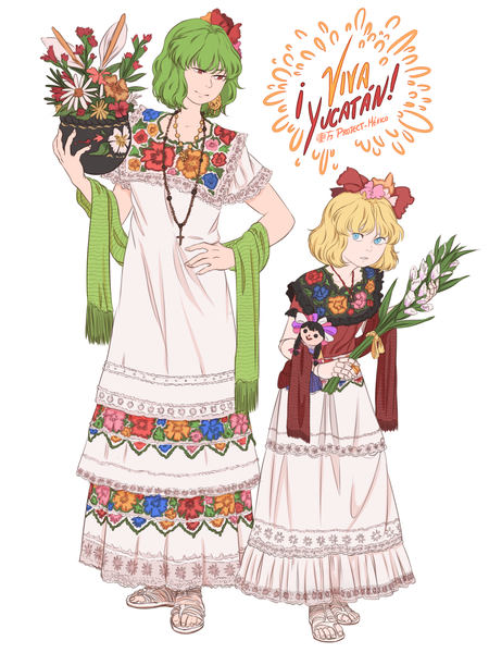 Anime picture 1500x2000 with touhou kazami yuuka medicine melancholy muneca maria mefomefo tall image looking at viewer fringe short hair blue eyes simple background blonde hair red eyes standing white background multiple girls looking away full body parted lips hair flower