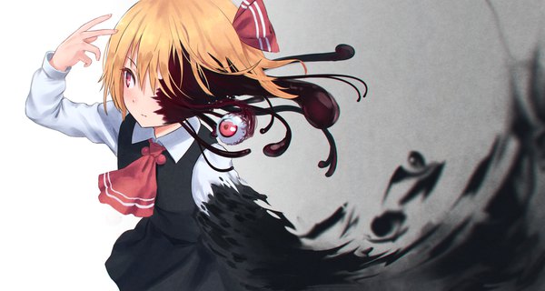 Anime picture 1754x936 with touhou rumia roke (taikodon) single blush fringe highres short hair simple background blonde hair hair between eyes red eyes wide image standing looking away upper body arm up grey background gradient background floating hair