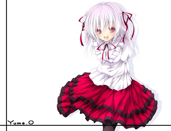 Anime picture 1960x1500 with hoshizora no memoria ototsu yume tagme (artist) single highres short hair open mouth simple background red eyes white background white hair character names girl dress ribbon (ribbons) hair ribbon
