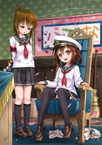 Anime picture 1433x2023 with kantai collection inazuma destroyer ikazuchi destroyer fairy (kantai collection) gotou hisashi long hair tall image looking at viewer blush open mouth brown hair sitting multiple girls brown eyes signed blue hair ahoge indoors looking down hands behind back