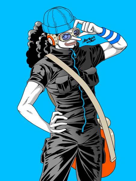 Anime picture 753x1000 with one piece one piece film: gold toei animation usopp danbat miho single long hair tall image looking at viewer black hair simple background smile standing holding signed hand on hip blue background long nose boy hat