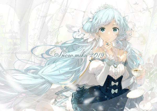 Anime-Bild 1000x707 mit vocaloid hatsune miku yuki miku rabbit yukine yuki miku (2019) lf single looking at viewer twintails bare shoulders upper body very long hair aqua eyes aqua hair character names symbol-shaped pupils 2019 girl hair ornament detached sleeves