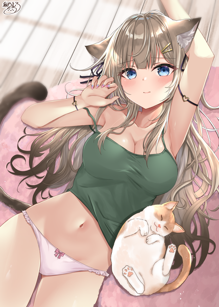 Anime picture 1500x2098 with original akino ell single long hair tall image looking at viewer blush fringe breasts blue eyes light erotic brown hair large breasts signed animal ears payot cleavage tail lying nail polish