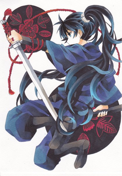 Anime picture 1716x2464 with rakudai ninja rantarou kukuchi heisuke single long hair tall image highres blue eyes black hair holding ponytail japanese clothes multicolored hair from behind two-tone hair girl weapon sword katana ninja