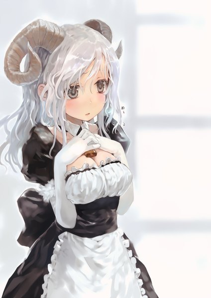 Anime picture 1446x2046 with original bob (biyonbiyon) single long hair tall image blush fringe breasts standing looking away cleavage silver hair horn (horns) maid grey eyes hand on chest girl gloves uniform elbow gloves