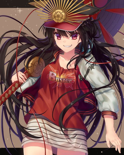 Anime picture 1000x1254 with fate (series) fate/grand order oda nobunaga (fate) (all) oda nobunaga (swimsuit berserker) (fate) kuro futoshi single long hair tall image looking at viewer black hair smile red eyes open jacket floating hair striped headphones around neck weapon over shoulder girl skirt miniskirt