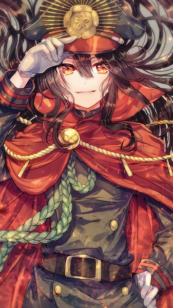 Anime picture 576x1024 with fate (series) fate/grand order koha-ace oda nobunaga (fate) (all) oda nobunaga (fate) mayoko na kuroneko single long hair tall image looking at viewer blush fringe open mouth smile hair between eyes red eyes brown hair standing payot upper body